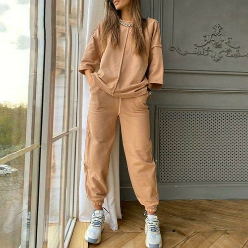 Casual Women's Two-piece Suit Outfits O-neck Tops Trousers Tracksuits