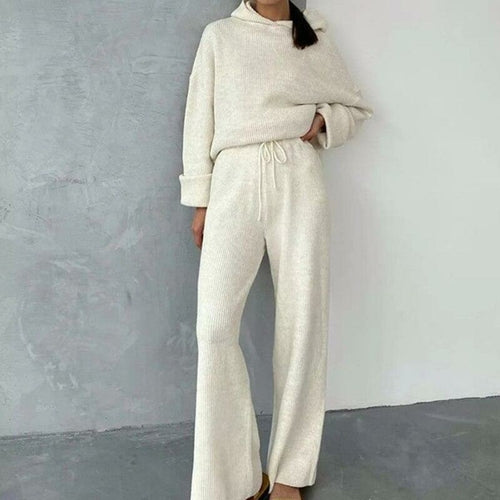 Casual Knit Hoodied With Pocket Two Piece Set