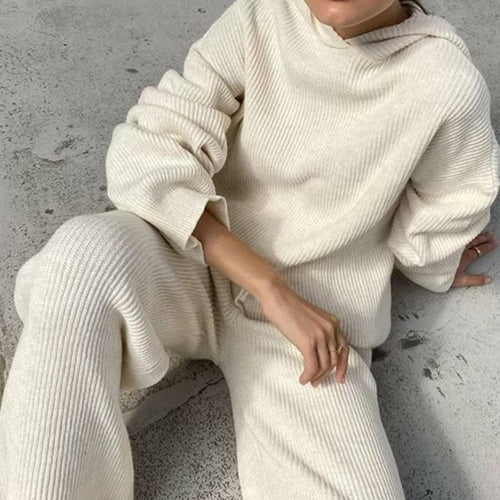 Casual Knit Hoodied With Pocket Two Piece Set